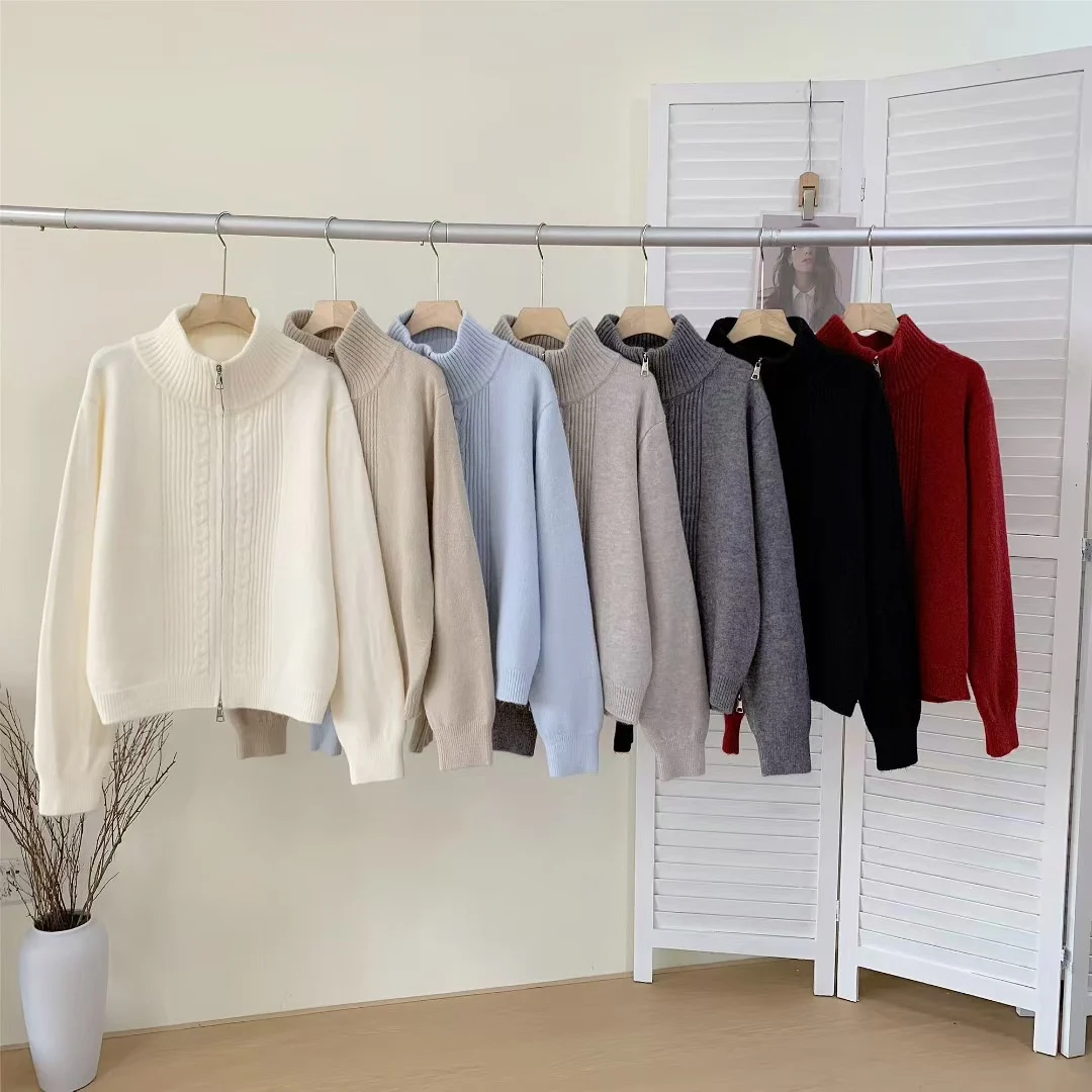 Solid-color Stand-collar Sweater Coat With Double Zippers — image 4