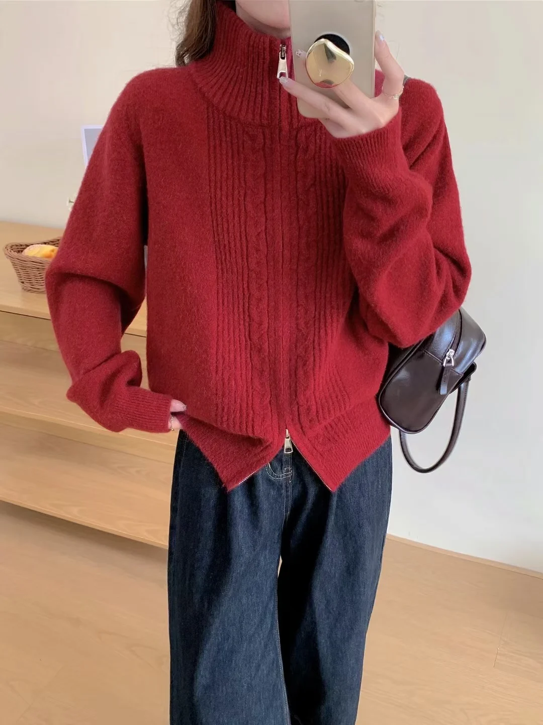 Solid-color Stand-collar Sweater Coat With Double Zippers — image 6