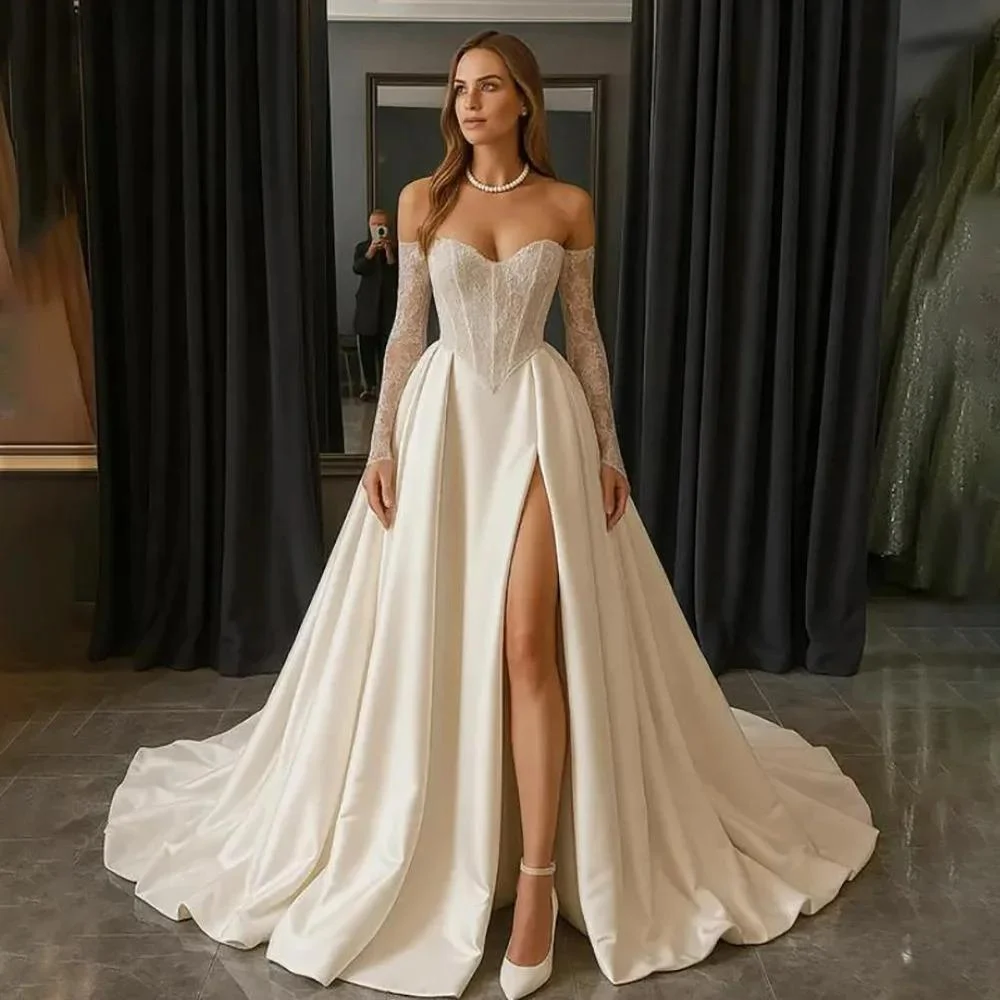 Split Trailing Graceful Tube Top Lace Satin Wedding Dress — image 1