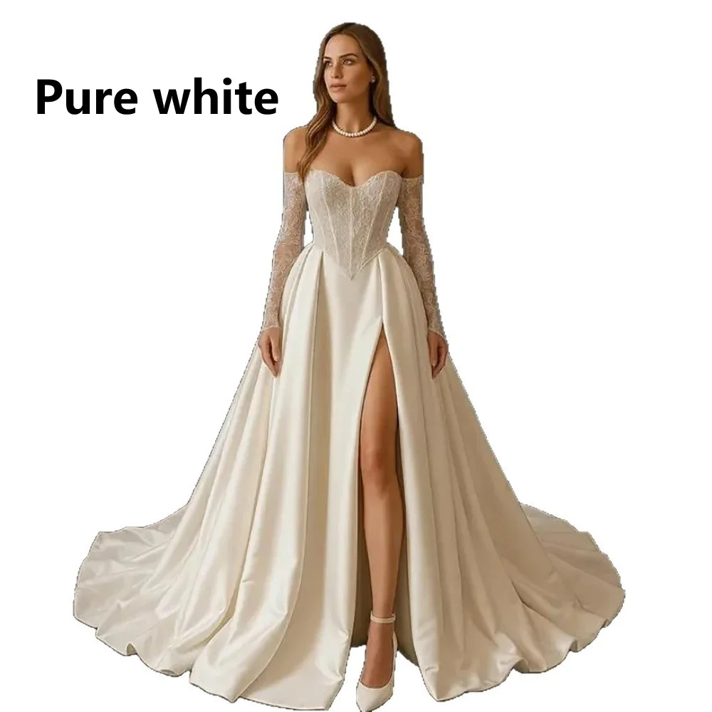 Split Trailing Graceful Tube Top Lace Satin Wedding Dress — image 3