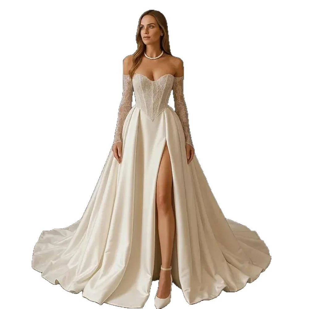 Split Trailing Graceful Tube Top Lace Satin Wedding Dress — image 2