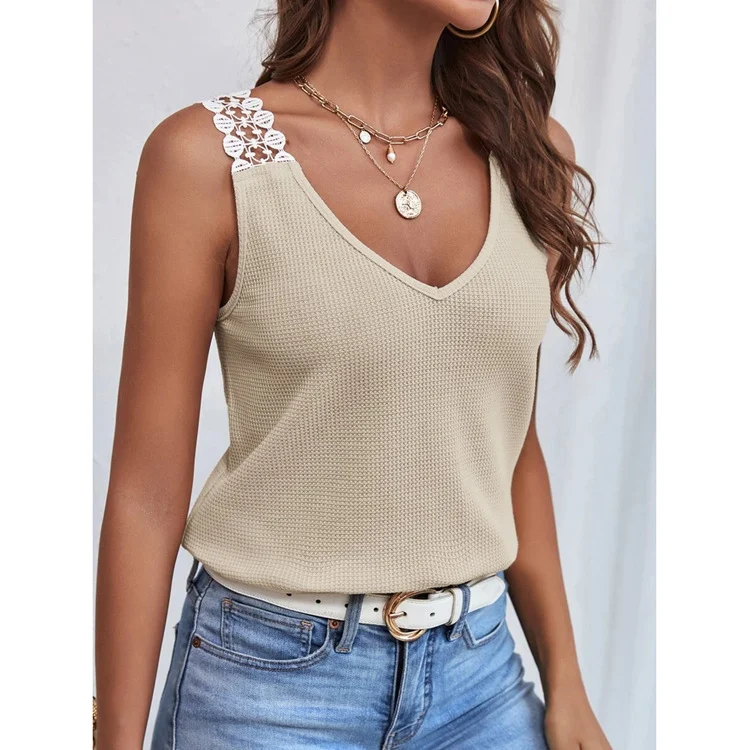Spring And Summer New Women's Solid Color Casual Lace Waffle Splicing Tank Top T-shirt — image 2