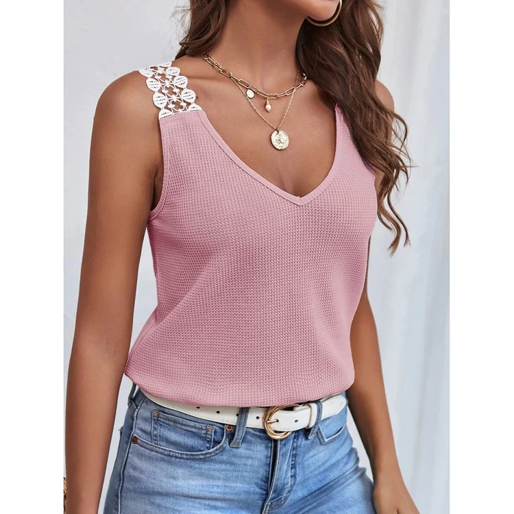 Spring And Summer New Women's Solid Color Casual Lace Waffle Splicing Tank Top T-shirt — image 6
