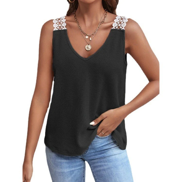 Spring And Summer New Women's Solid Color Casual Lace Waffle Splicing Tank Top T-shirt — image 3