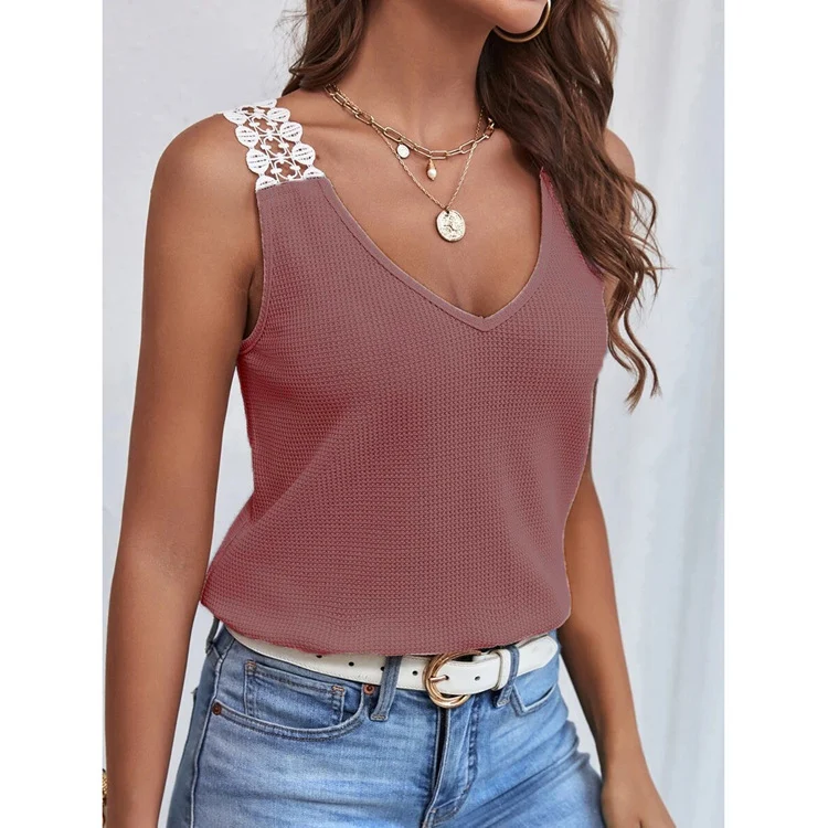 Spring And Summer New Women's Solid Color Casual Lace Waffle Splicing Tank Top T-shirt — image 8