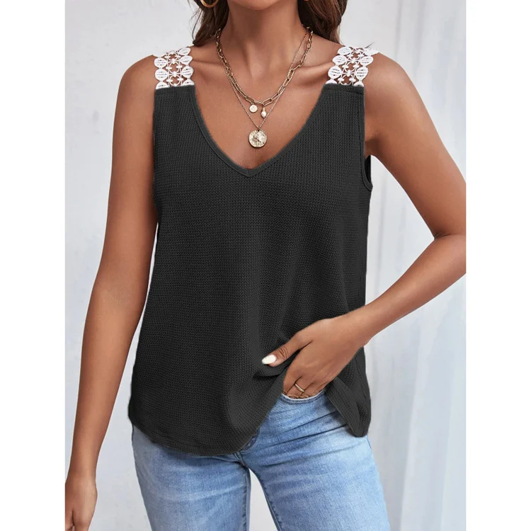 Spring And Summer New Women's Solid Color Casual Lace Waffle Splicing Tank Top T-shirt — image 7