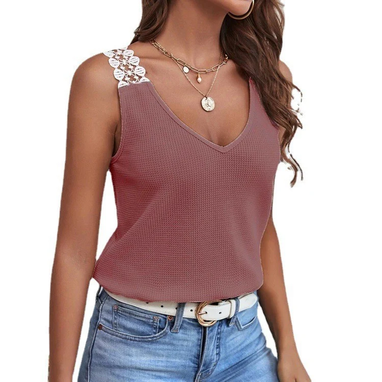 Spring And Summer New Women's Solid Color Casual Lace Waffle Splicing Tank Top T-shirt — image 4
