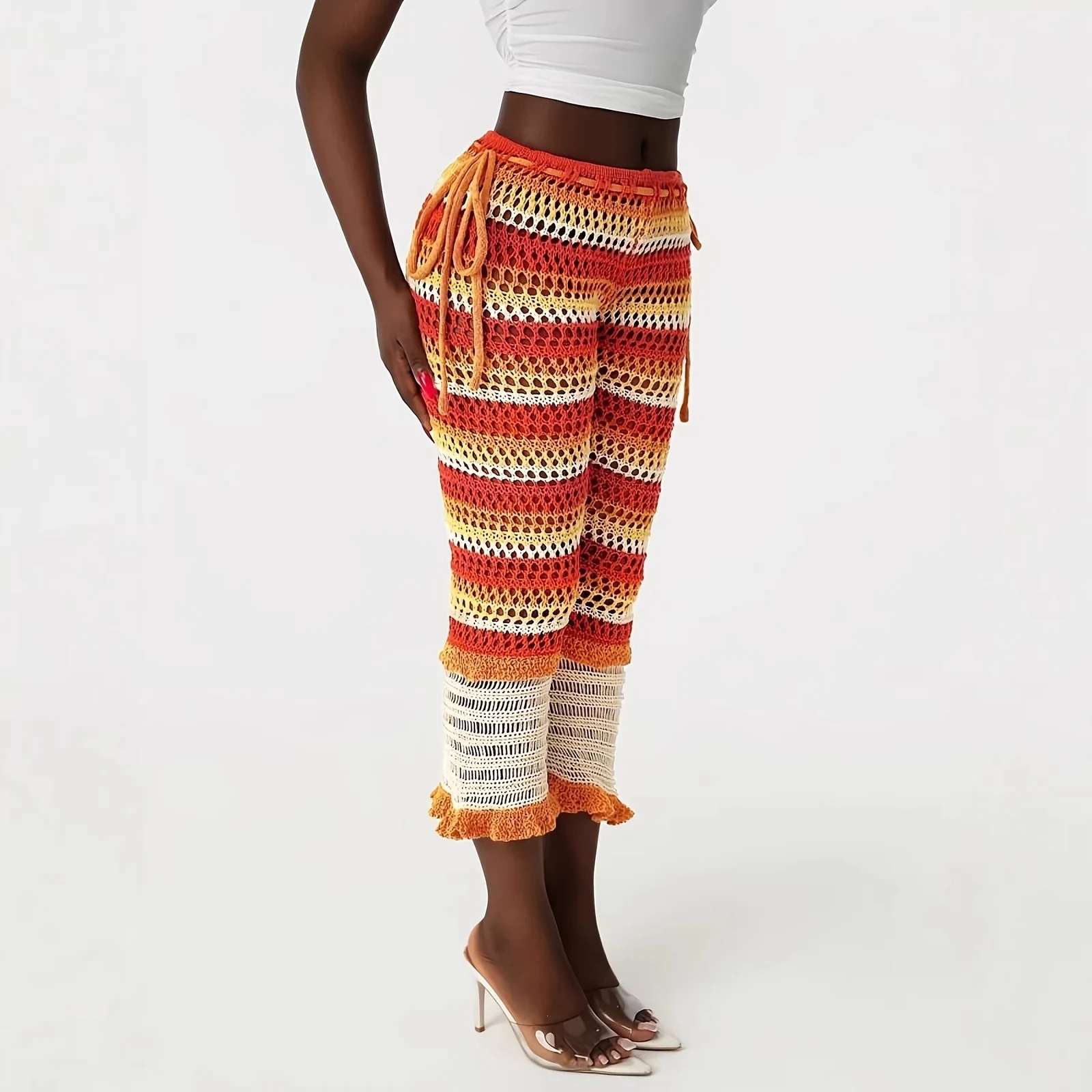 Spring Summer European Casual Fashion Mesh Pants With Open Holes And Striped Patterns… — image 3
