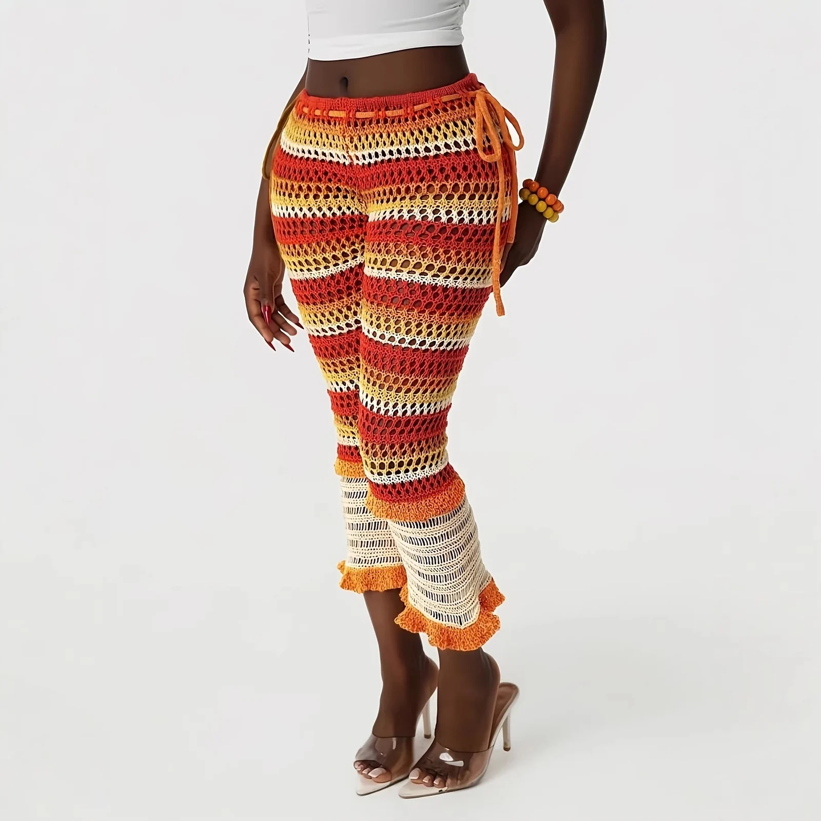 Spring Summer European Casual Fashion Mesh Pants With Open Holes And Striped Patterns… — image 2