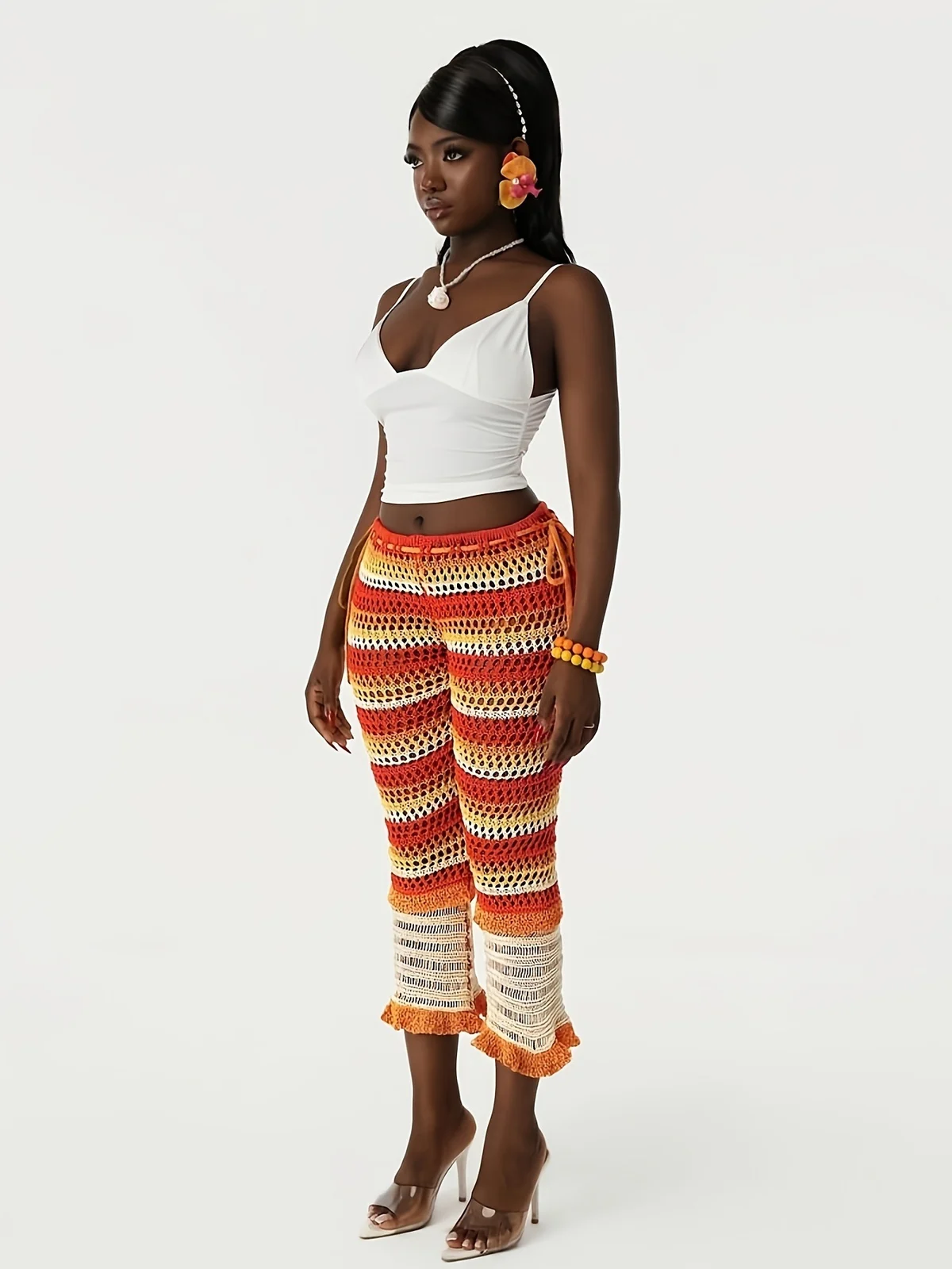 Spring Summer European Casual Fashion Mesh Pants With Open Holes And Striped Patterns… — image 5
