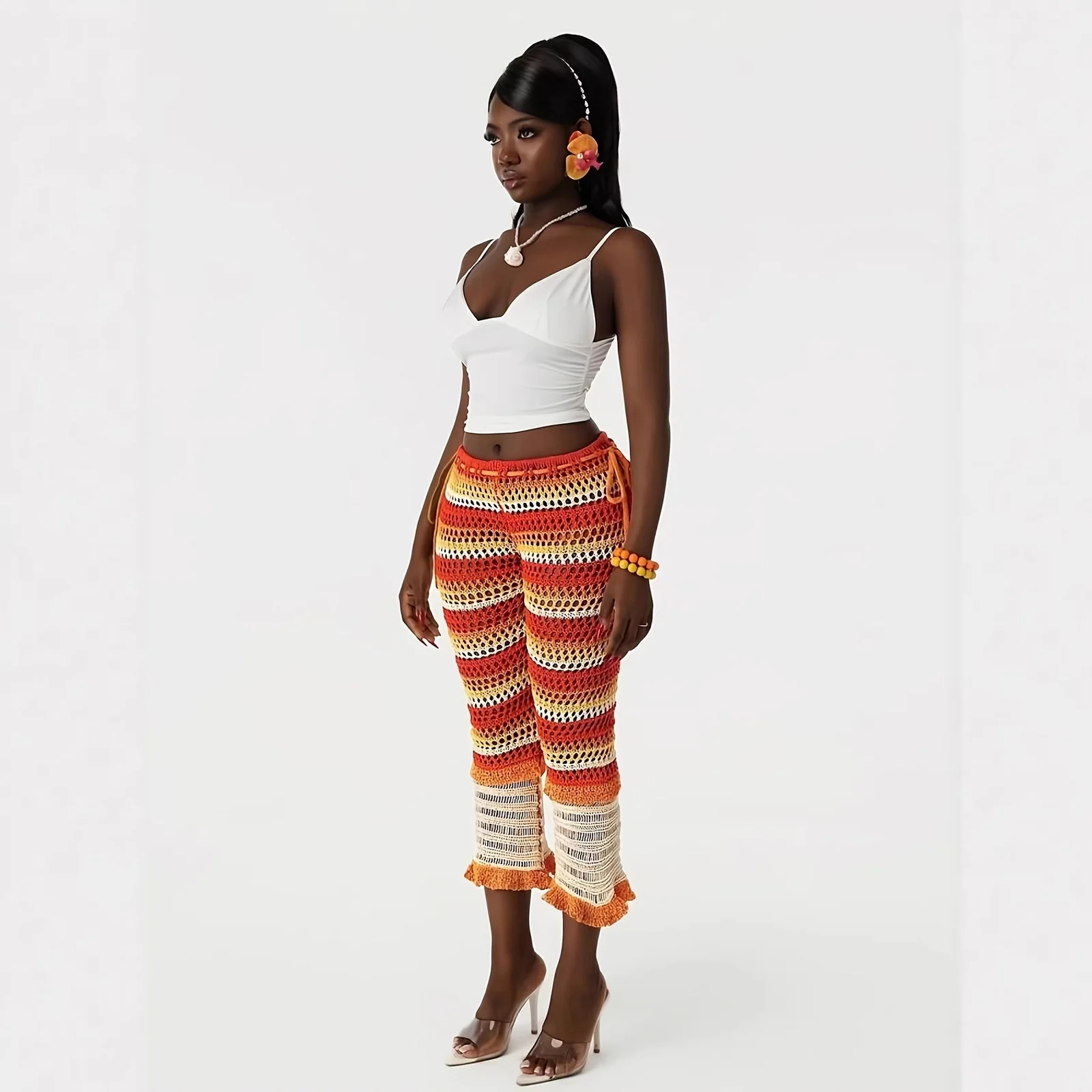 Spring Summer European Casual Fashion Mesh Pants With Open Holes And Striped Patterns… — image 4