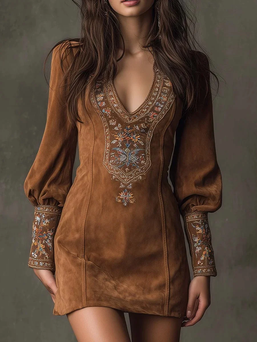 Spring Summer New Women's Long Sleeve V Neck Sexy Dress Embroidered — image 3