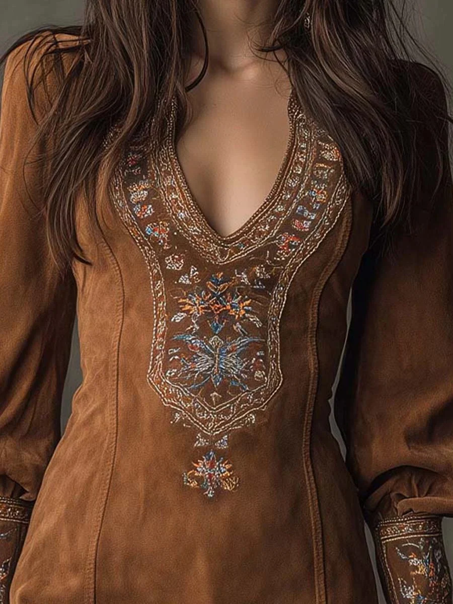 Spring Summer New Women's Long Sleeve V Neck Sexy Dress Embroidered — image 6