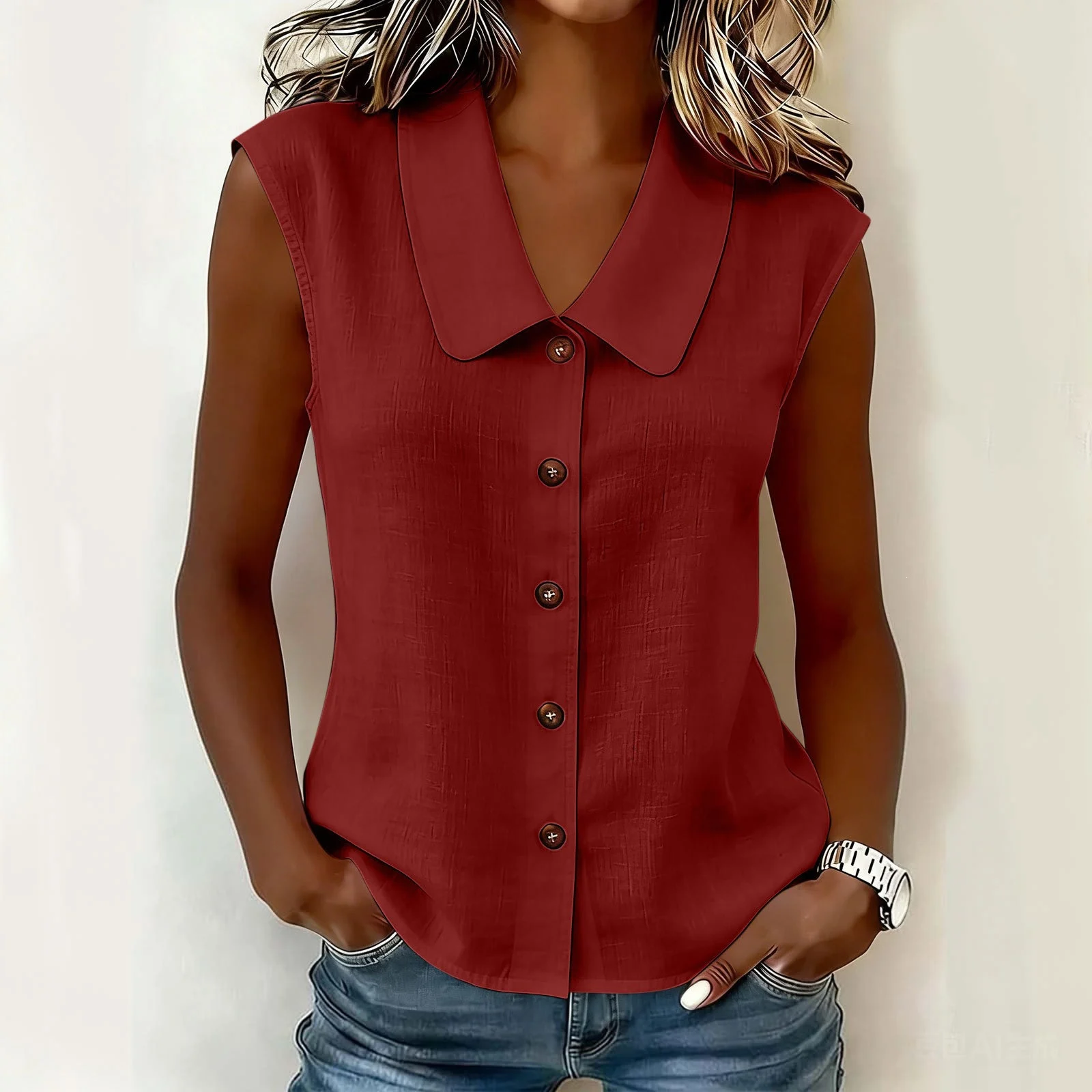 Spring Summer Women S Elegant Business Polo Neck Button Down Blouse Without Sleeves — image 8