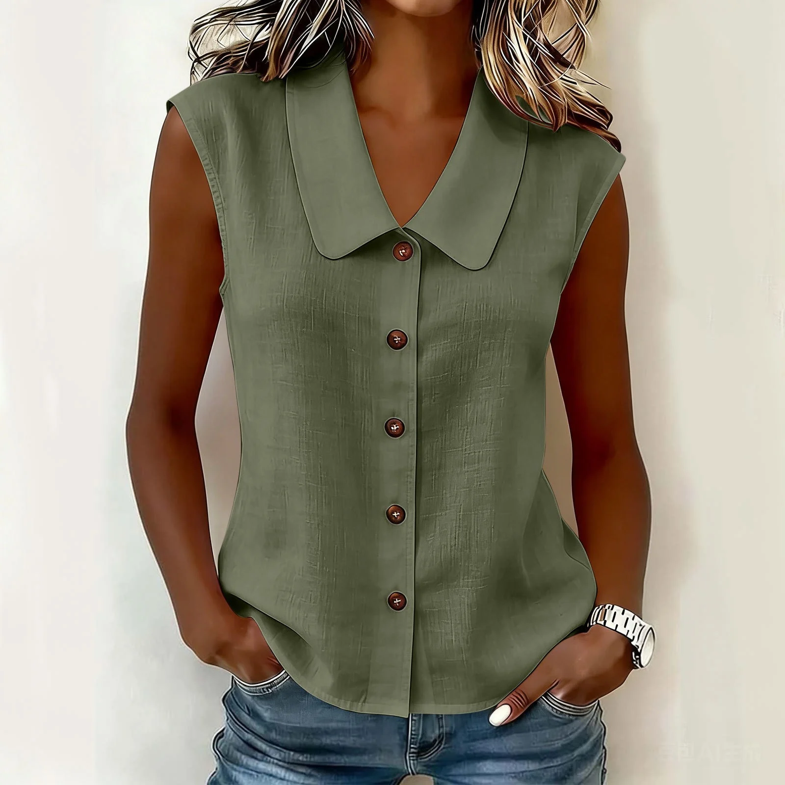Spring Summer Women S Elegant Business Polo Neck Button Down Blouse Without Sleeves — image 7