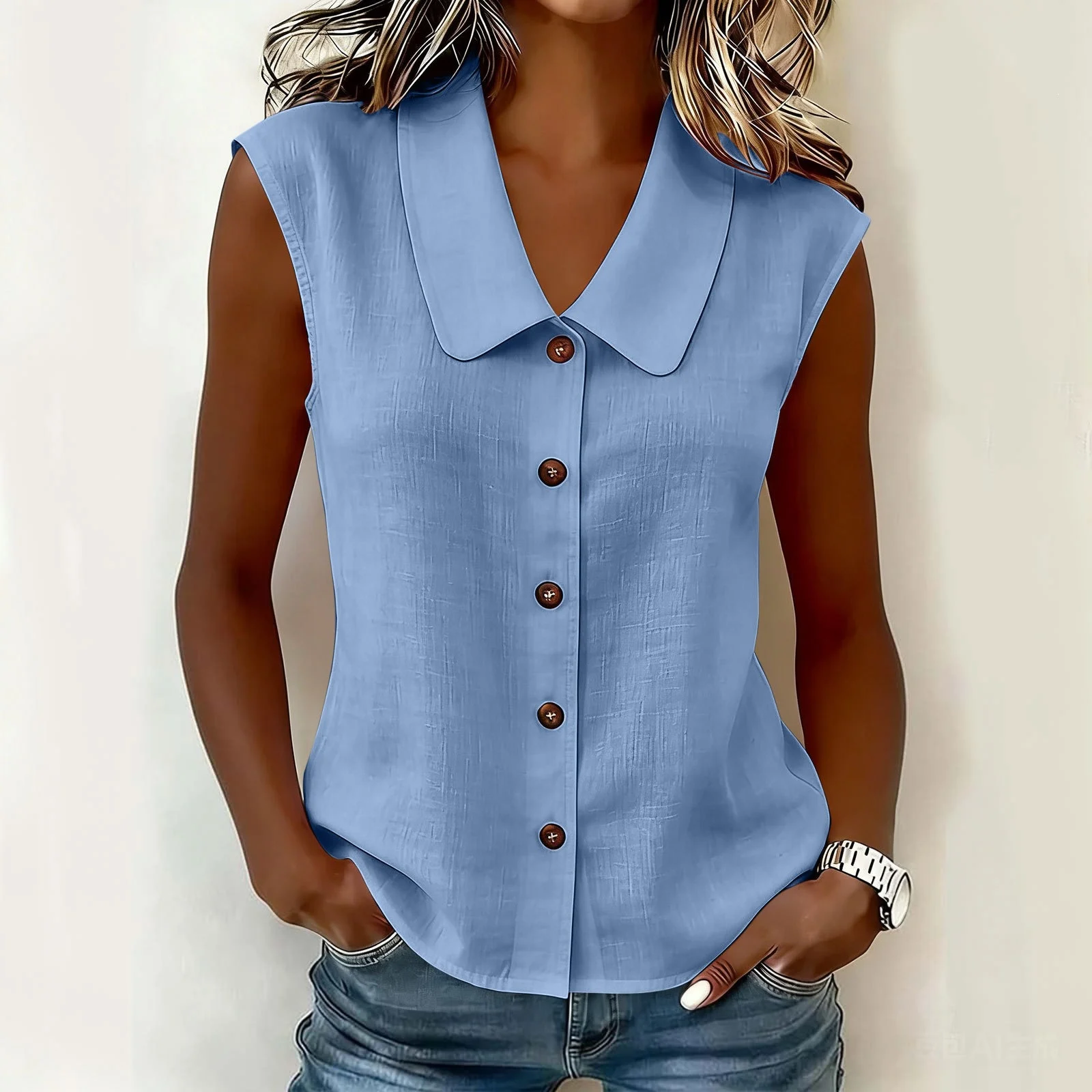 Spring Summer Women S Elegant Business Polo Neck Button Down Blouse Without Sleeves — image 10