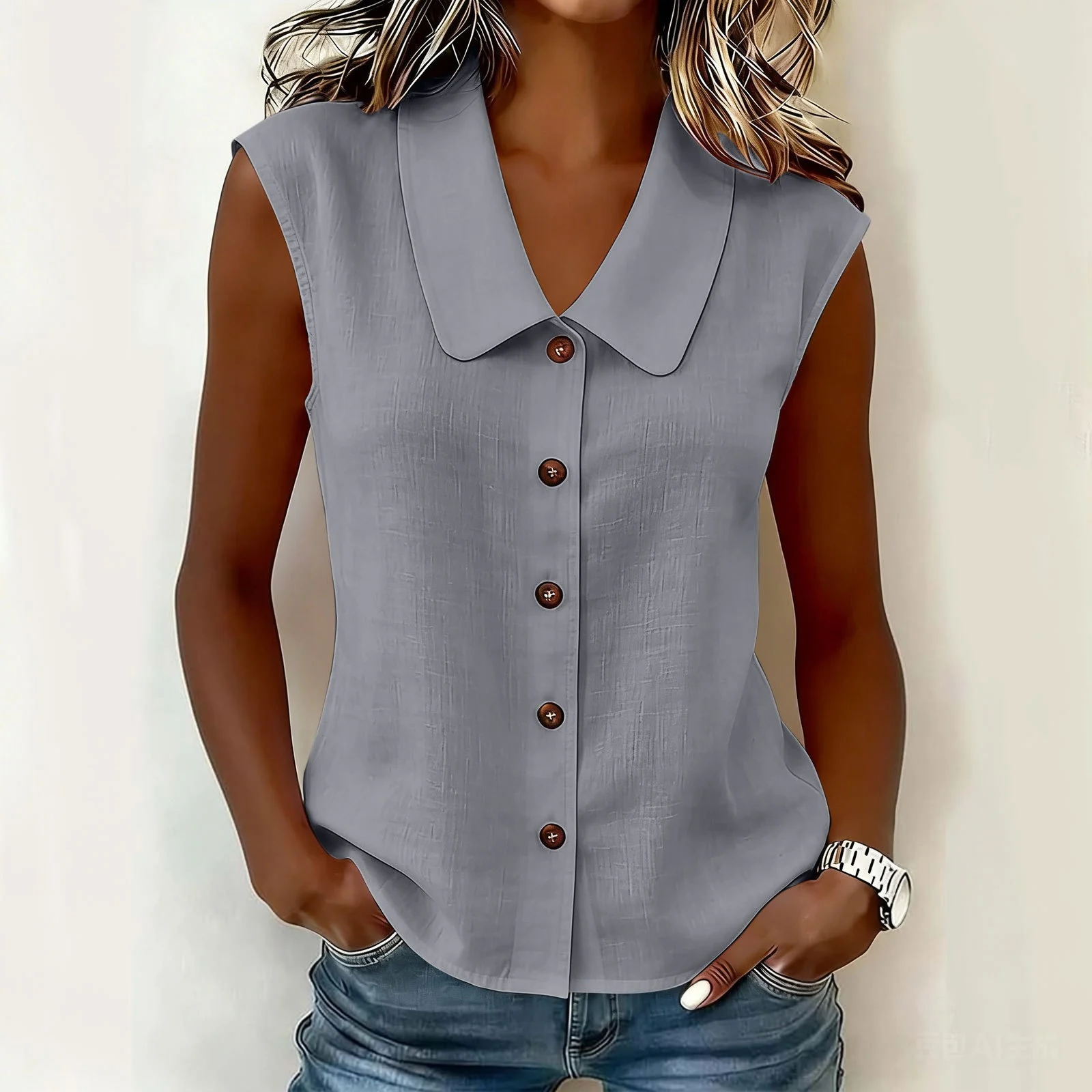 Spring Summer Women S Elegant Business Polo Neck Button Down Blouse Without Sleeves — image 9