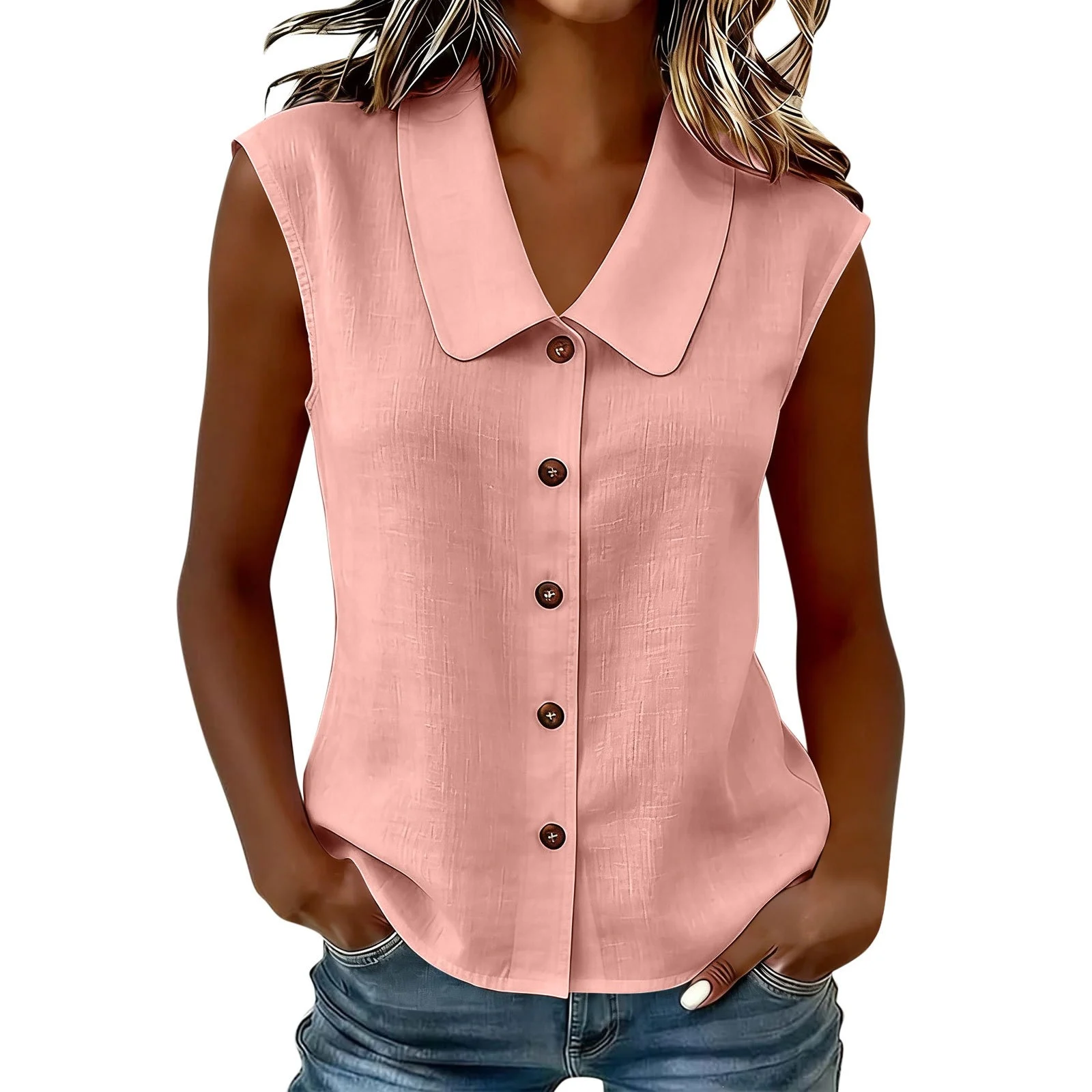 Spring Summer Women S Elegant Business Polo Neck Button Down Blouse Without Sleeves — image 5