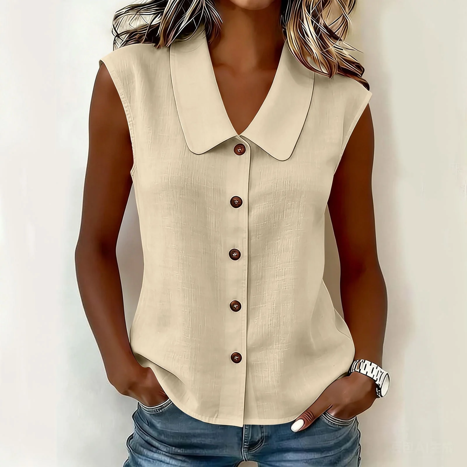 Spring Summer Women S Elegant Business Polo Neck Button Down Blouse Without Sleeves — image 4