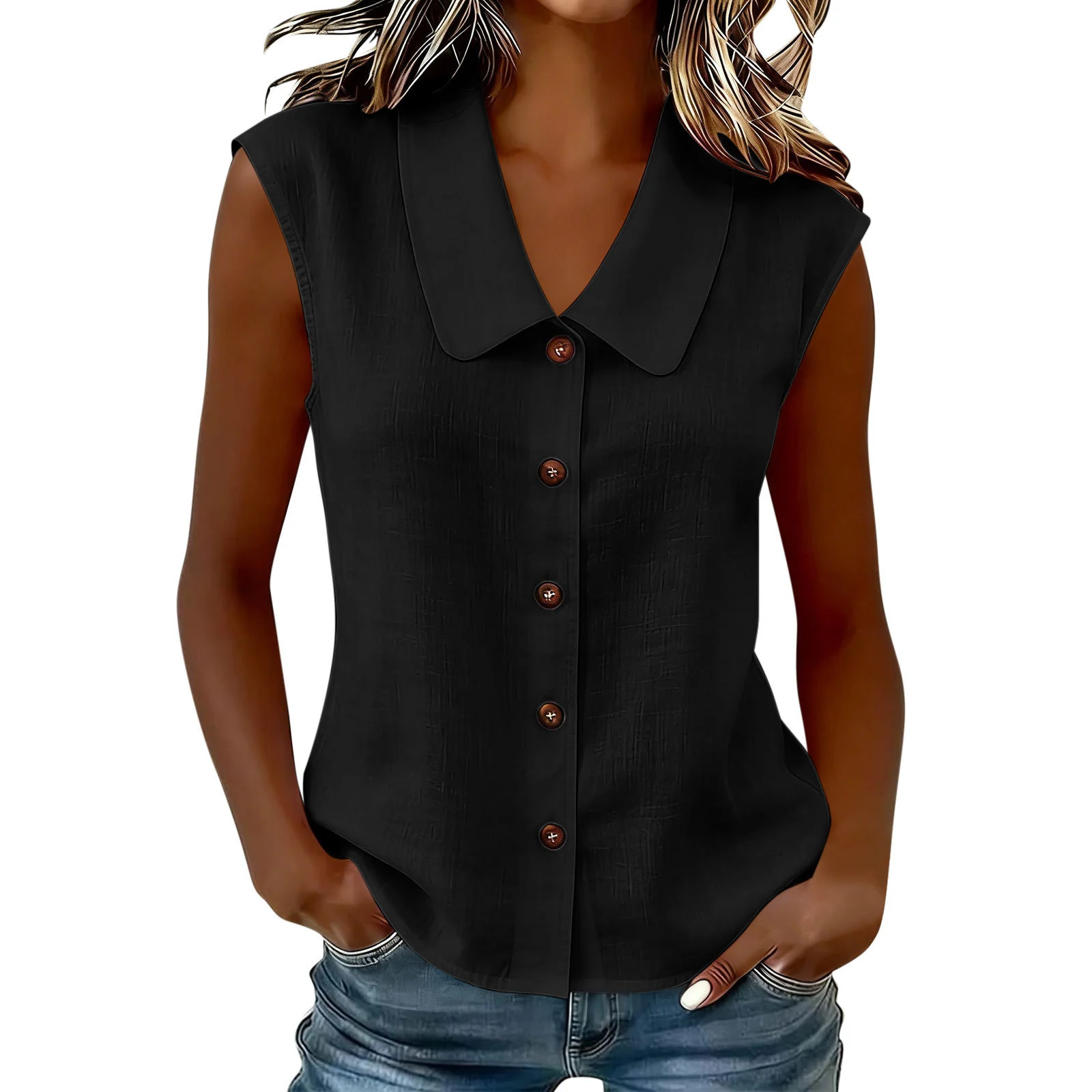 Spring Summer Women S Elegant Business Polo Neck Button Down Blouse Without Sleeves — image 2