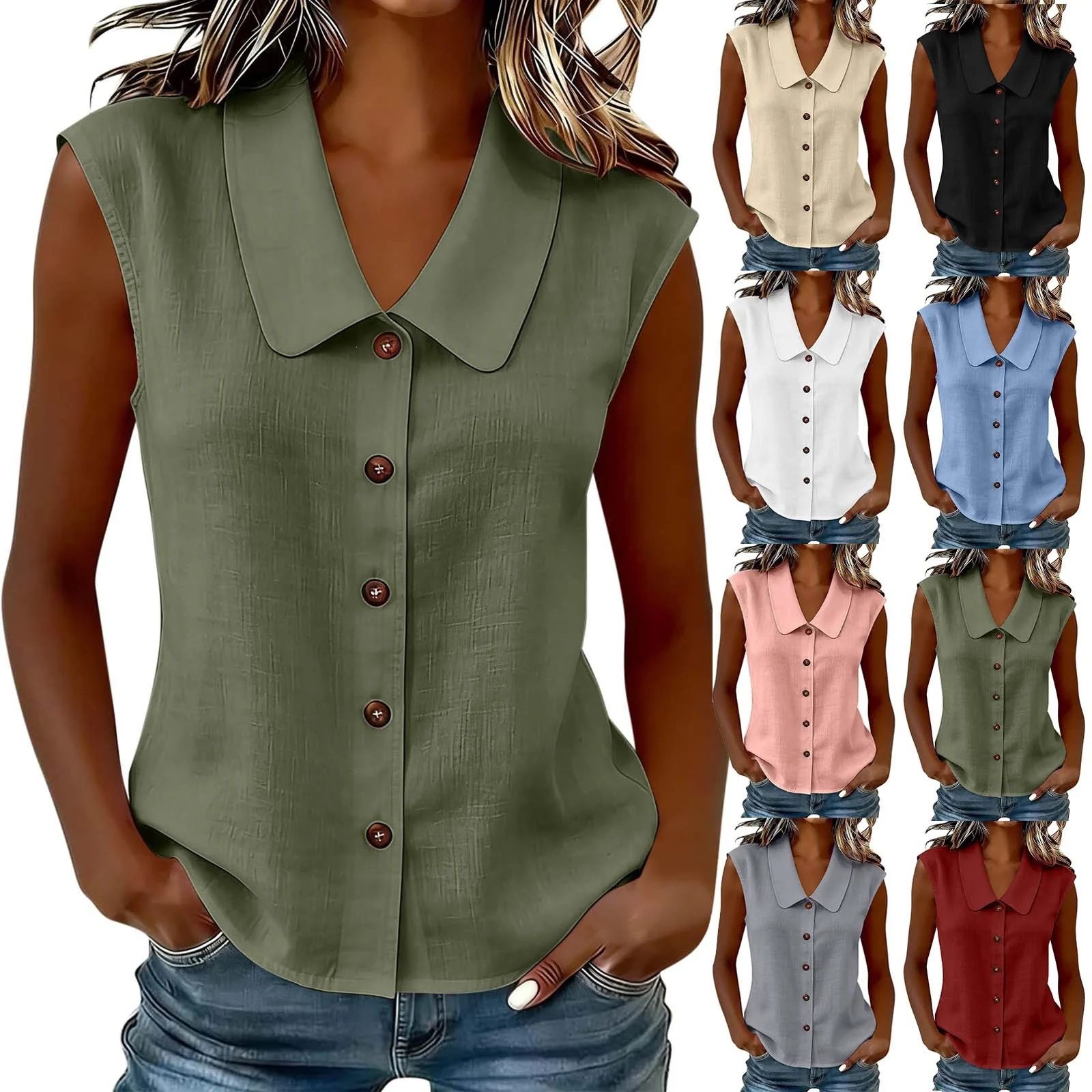 Spring Summer Women S Elegant Business Polo Neck Button Down Blouse Without Sleeves — image 3