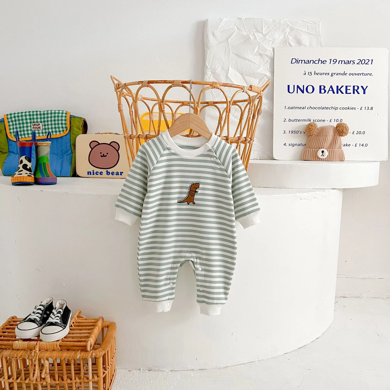 Springautumn Striped Dinosaur-embroidered Baby Romper For 0 2 Year Olds — image 5