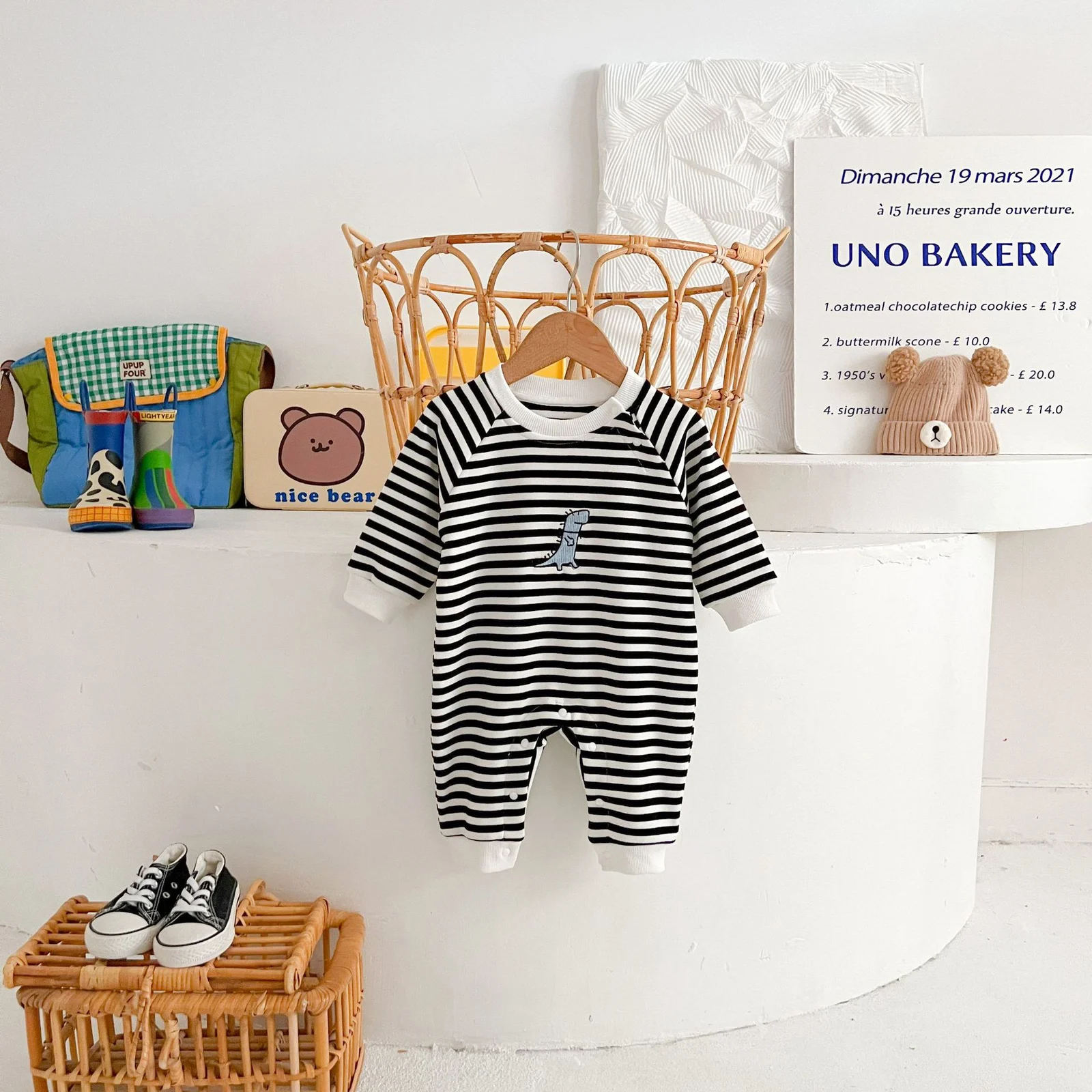 Springautumn Striped Dinosaur-embroidered Baby Romper For 0 2 Year Olds — image 1