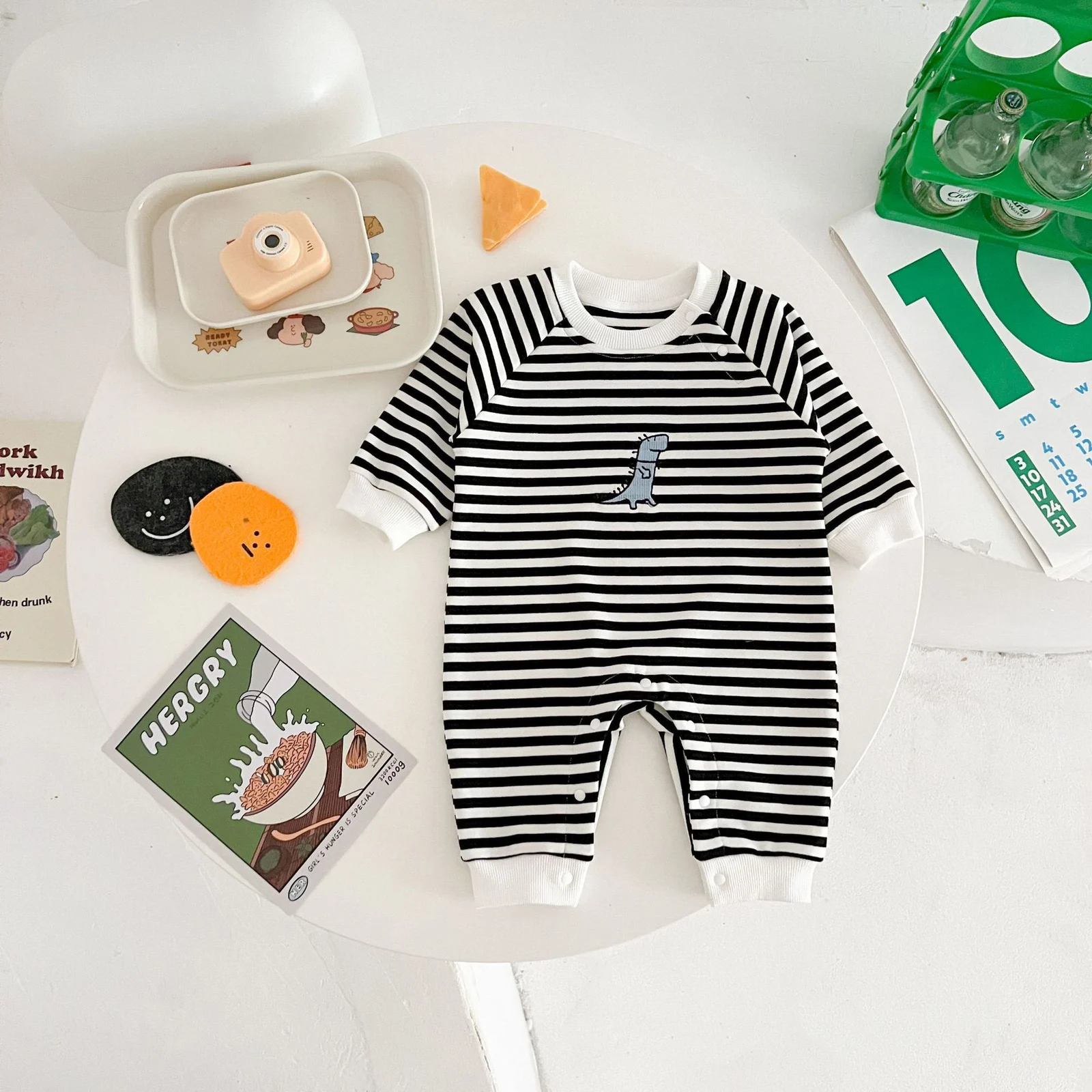 Springautumn Striped Dinosaur-embroidered Baby Romper For 0 2 Year Olds — image 3