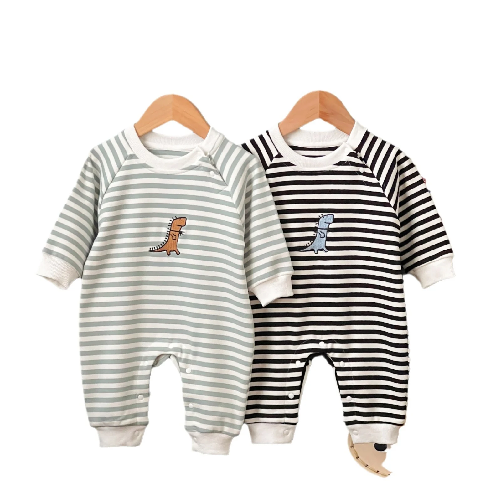 Springautumn Striped Dinosaur-embroidered Baby Romper For 0 2 Year Olds — image 4