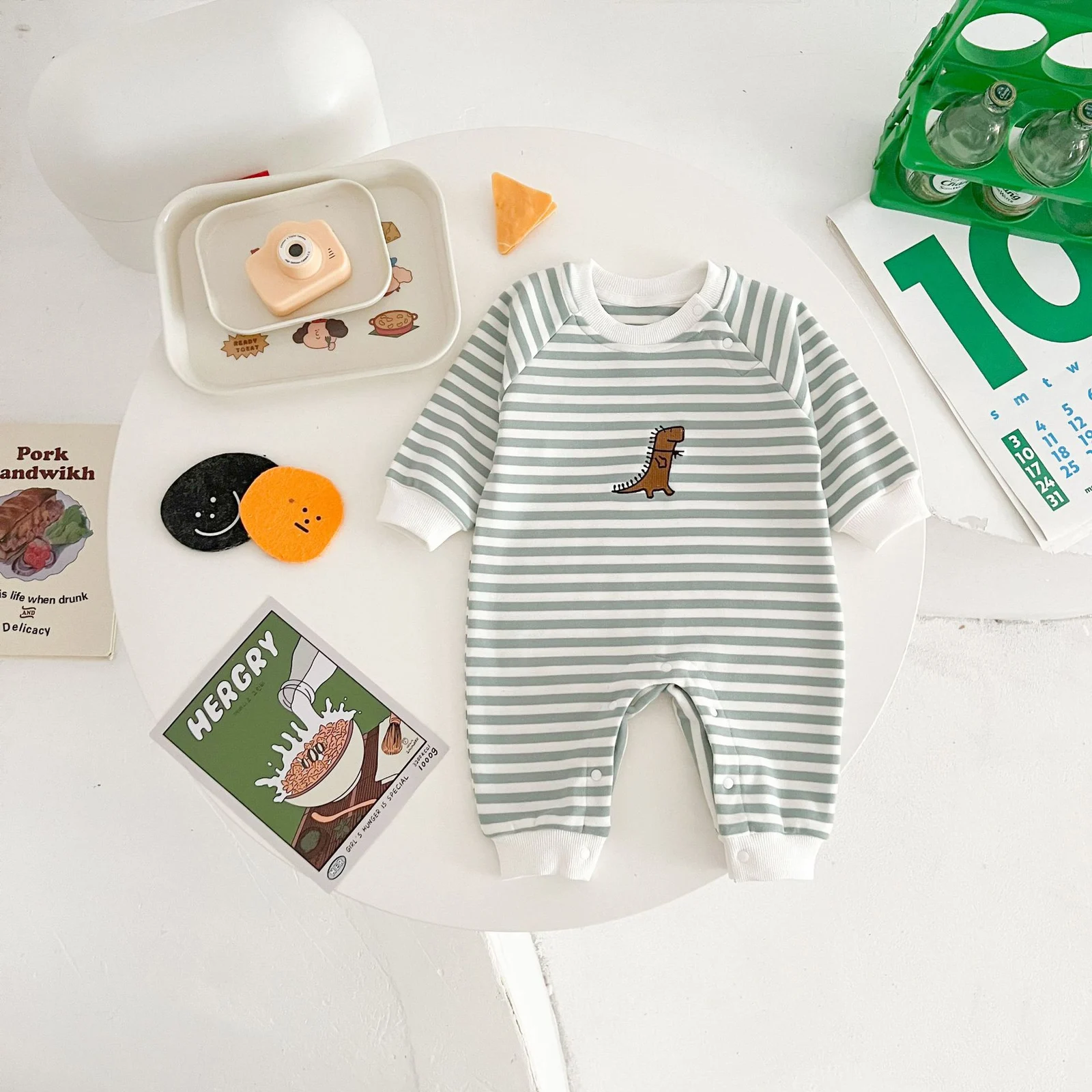 Springautumn Striped Dinosaur-embroidered Baby Romper For 0 2 Year Olds — image 7