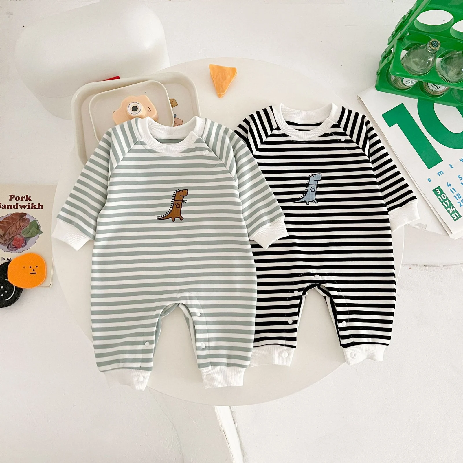 Springautumn Striped Dinosaur-embroidered Baby Romper For 0 2 Year Olds — image 2