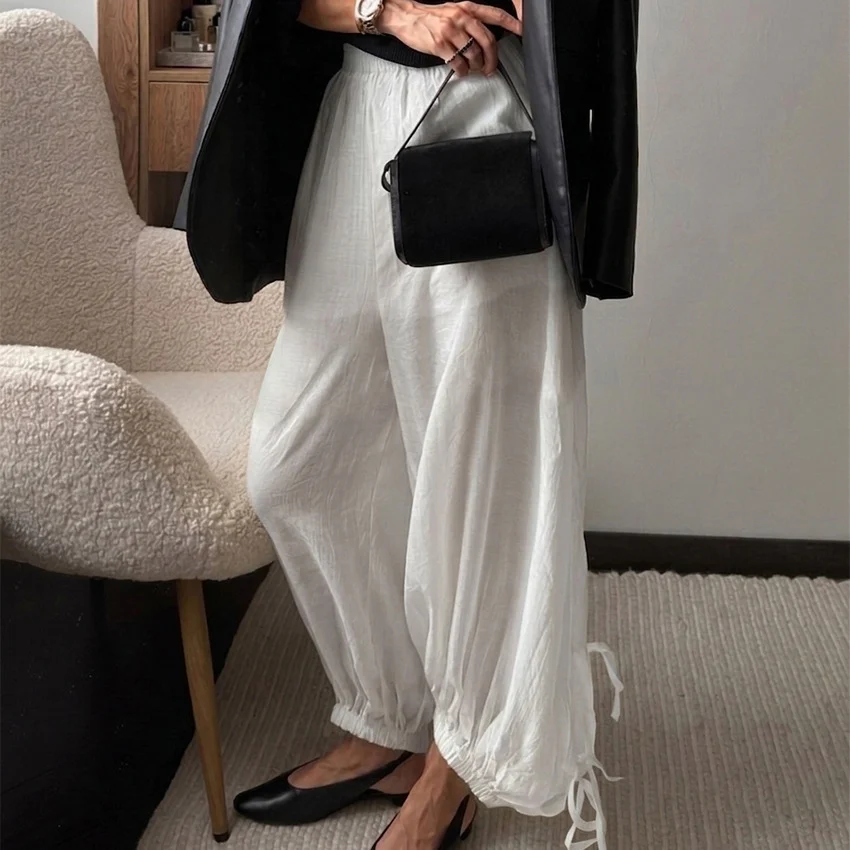 Springsummer New High-waisted Lace-up Ankle-length Pants Wide-leg Trousers For Women — image 2