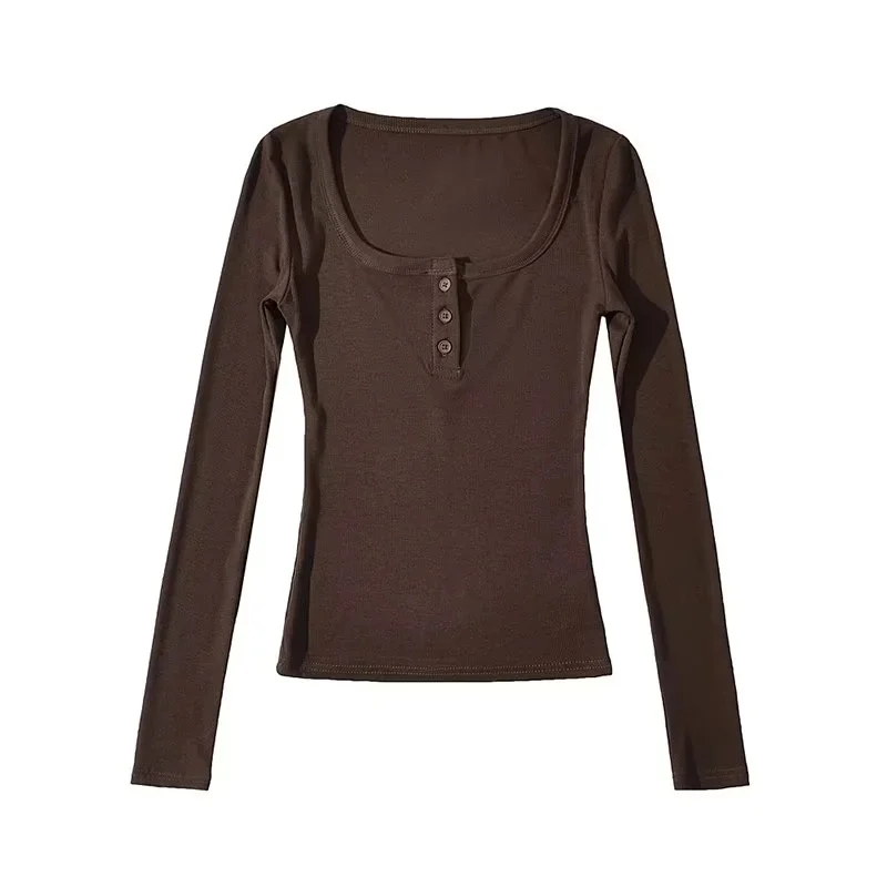 Square-neck Buttoned Long-sleeve Ribbed Slim-fit Figure-flattering Base Top — image 6