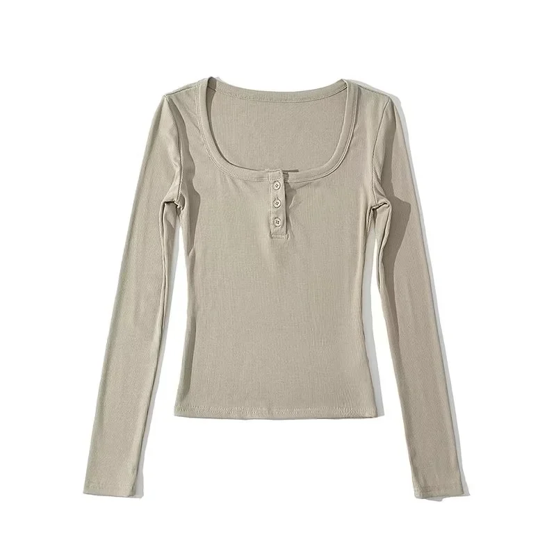 Square-neck Buttoned Long-sleeve Ribbed Slim-fit Figure-flattering Base Top — image 3