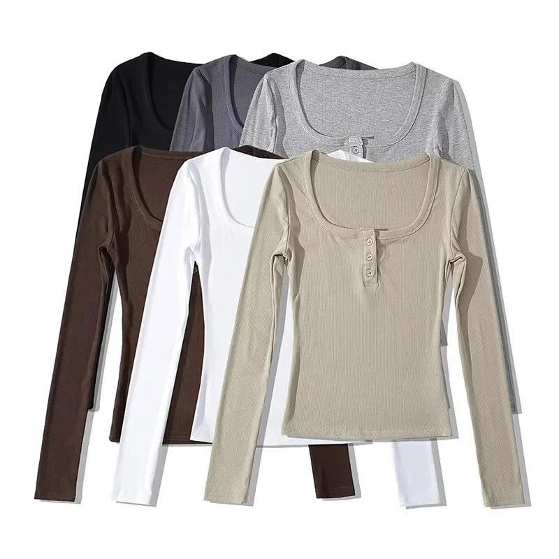 Square-neck Buttoned Long-sleeve Ribbed Slim-fit Figure-flattering Base Top — image 7