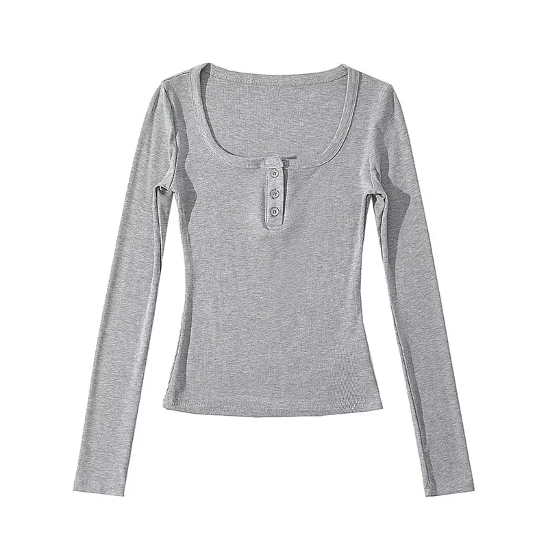 Square-neck Buttoned Long-sleeve Ribbed Slim-fit Figure-flattering Base Top — image 4