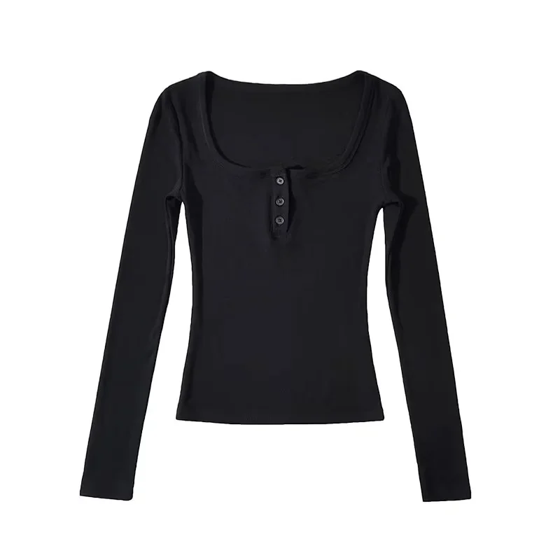 Square-neck Buttoned Long-sleeve Ribbed Slim-fit Figure-flattering Base Top — image 5