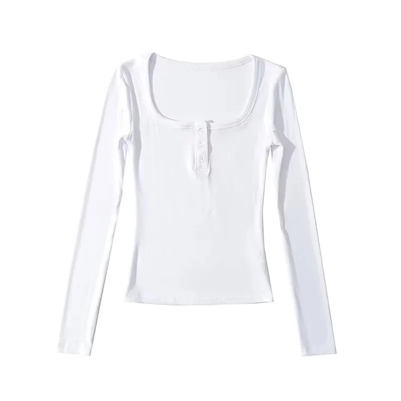 Square-neck Buttoned Long-sleeve Ribbed Slim-fit Figure-flattering Base Top — image 2