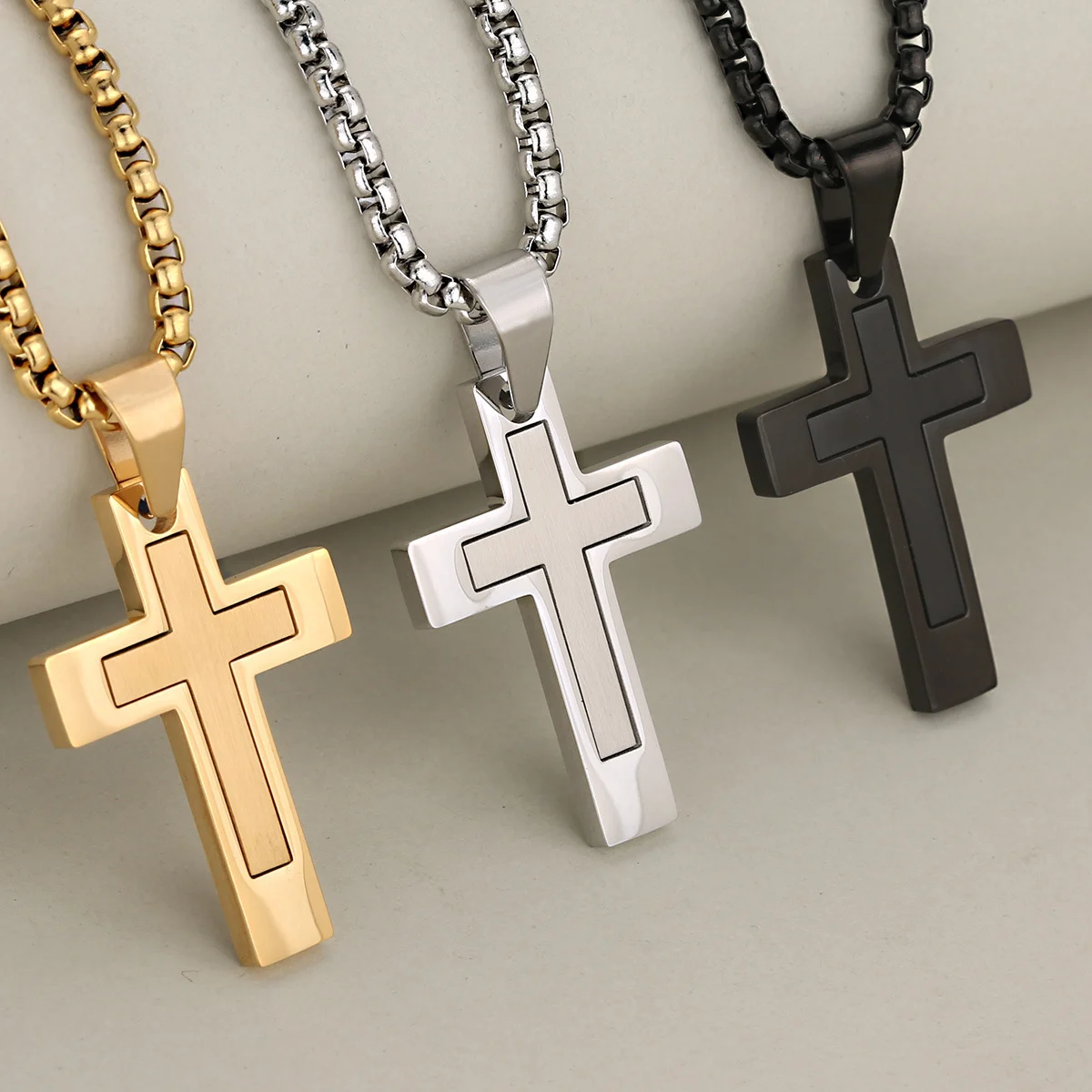 Stainless Steel Cross Color-block Necklace For Men — image 7