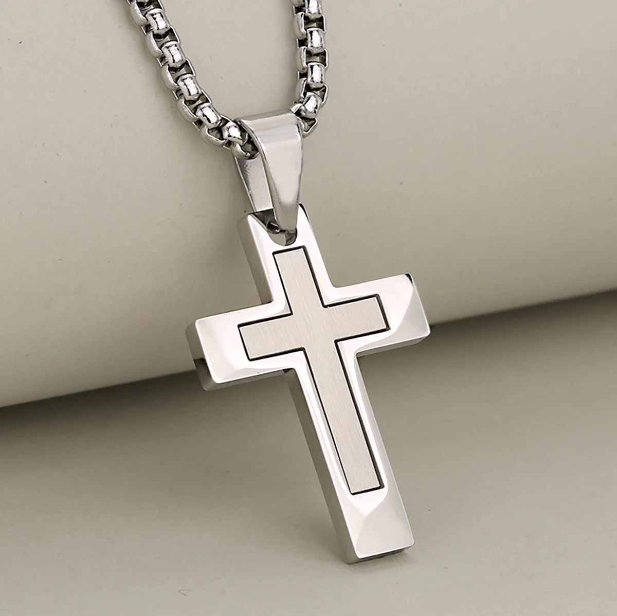 Stainless Steel Cross Color-block Necklace For Men — image 6