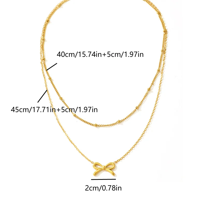 Stainless Steel Double Layered Bow Pendant Necklace For Women Gold Tone Beaded Chain… — image 3