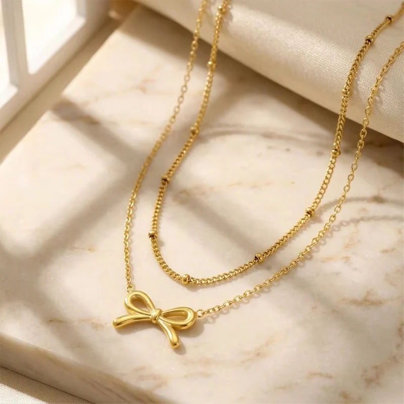 Stainless Steel Double Layered Bow Pendant Necklace For Women Gold Tone Beaded Chain… — image 6