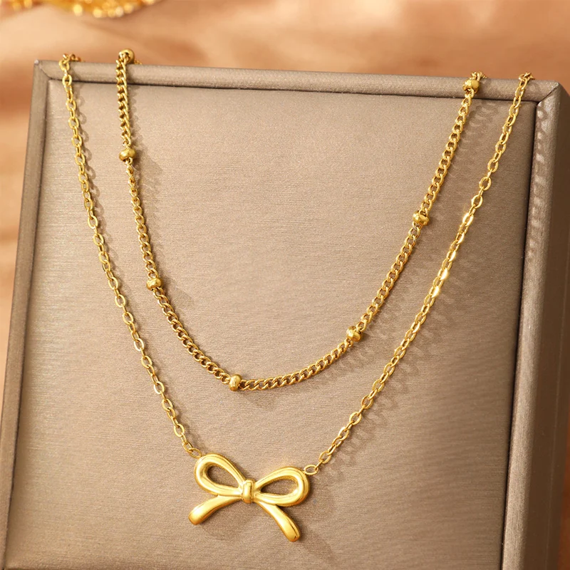 Stainless Steel Double Layered Bow Pendant Necklace For Women Gold Tone Beaded Chain… — image 2
