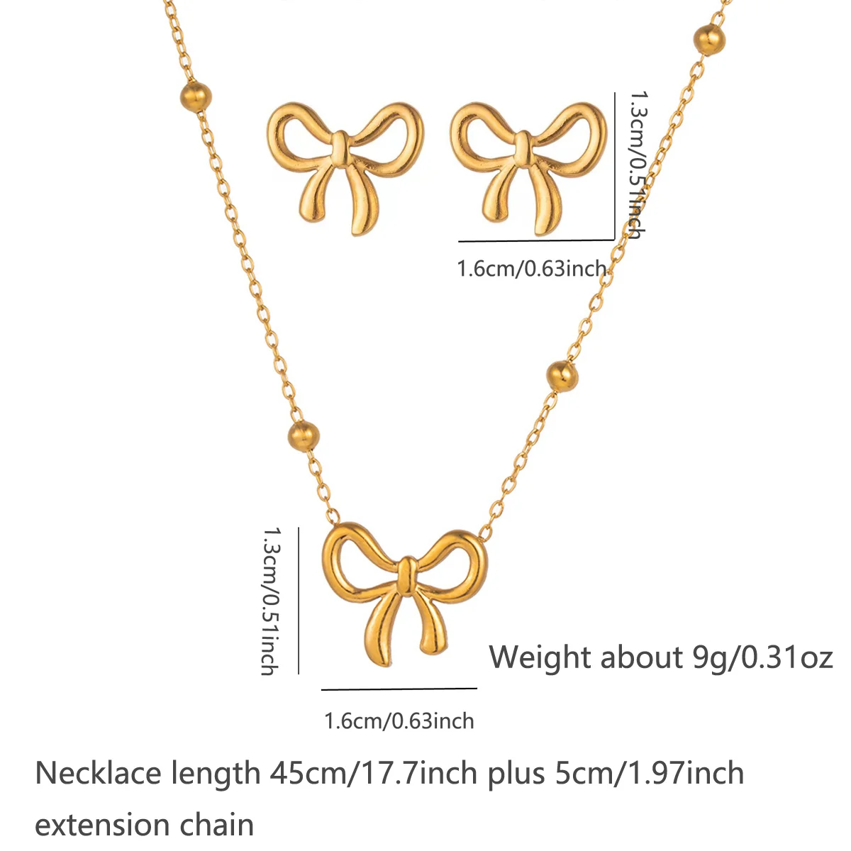 Stainless Steel Gold Tone Jewelry Set For Women Ball Station Chain 3D Bow Knot Pendant… — image 3