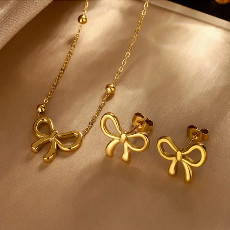 Stainless Steel Gold Tone Jewelry Set For Women Ball Station Chain 3D Bow Knot Pendant… — image 2