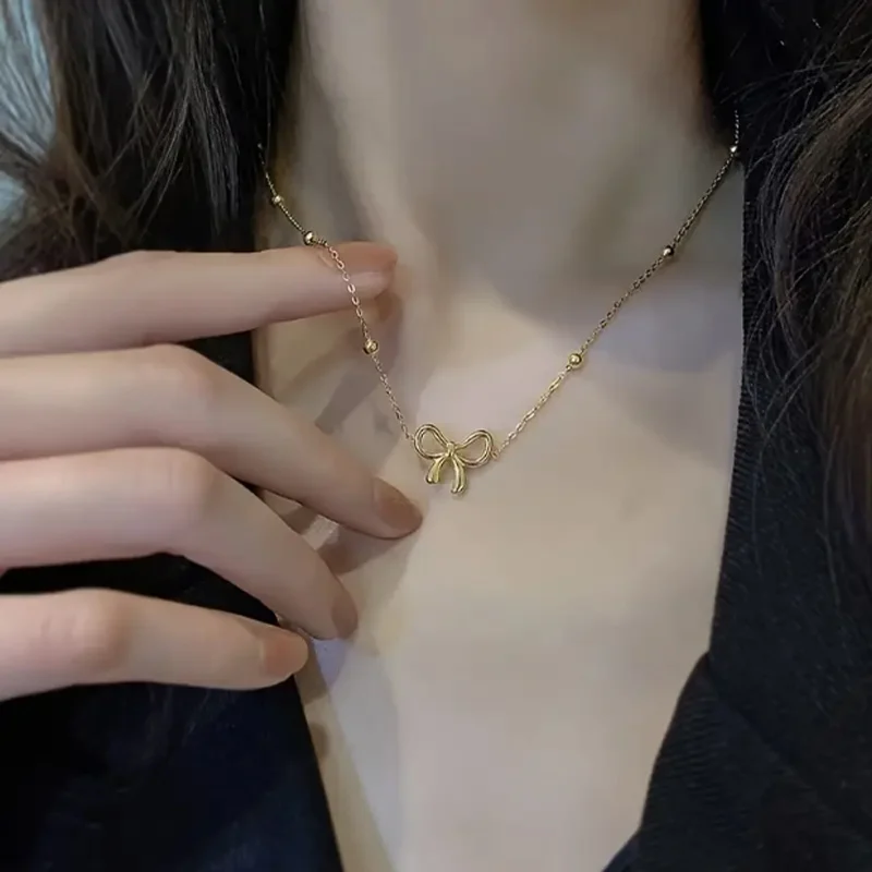 Stainless Steel Gold Tone Jewelry Set For Women Ball Station Chain 3D Bow Knot Pendant… — image 6