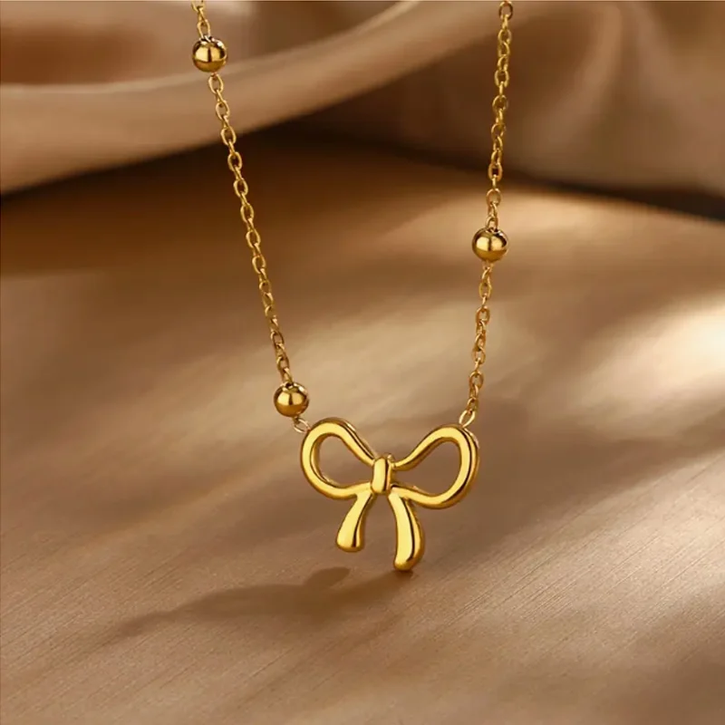 Stainless Steel Gold Tone Jewelry Set For Women Ball Station Chain 3D Bow Knot Pendant… — image 5