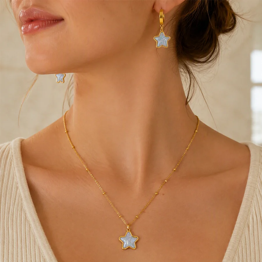 Stainless Steel Gold Tone Jewelry Set For Women Ball Station Chain Star Shape… — image 4