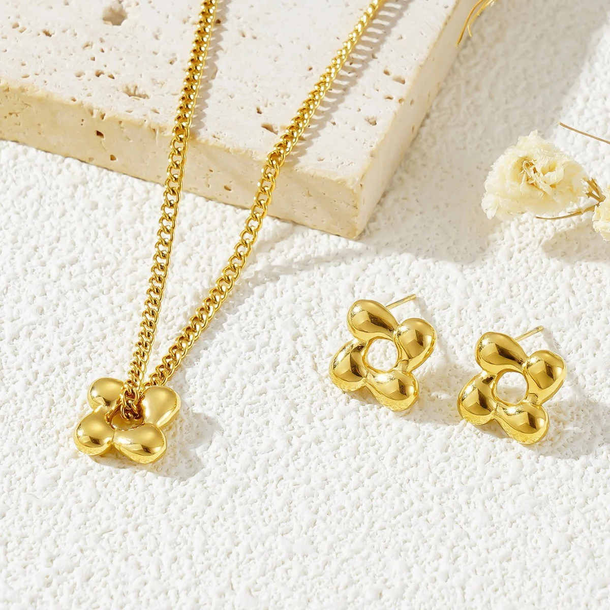 Stainless Steel Gold Tone Jewelry Set For Women Curb Chain 3D Hollow Four Petal Flower… — image 2