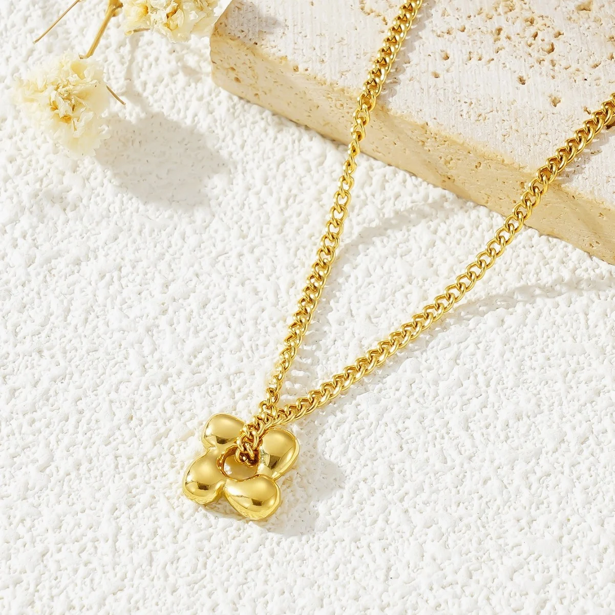 Stainless Steel Gold Tone Jewelry Set For Women Curb Chain 3D Hollow Four Petal Flower… — image 5